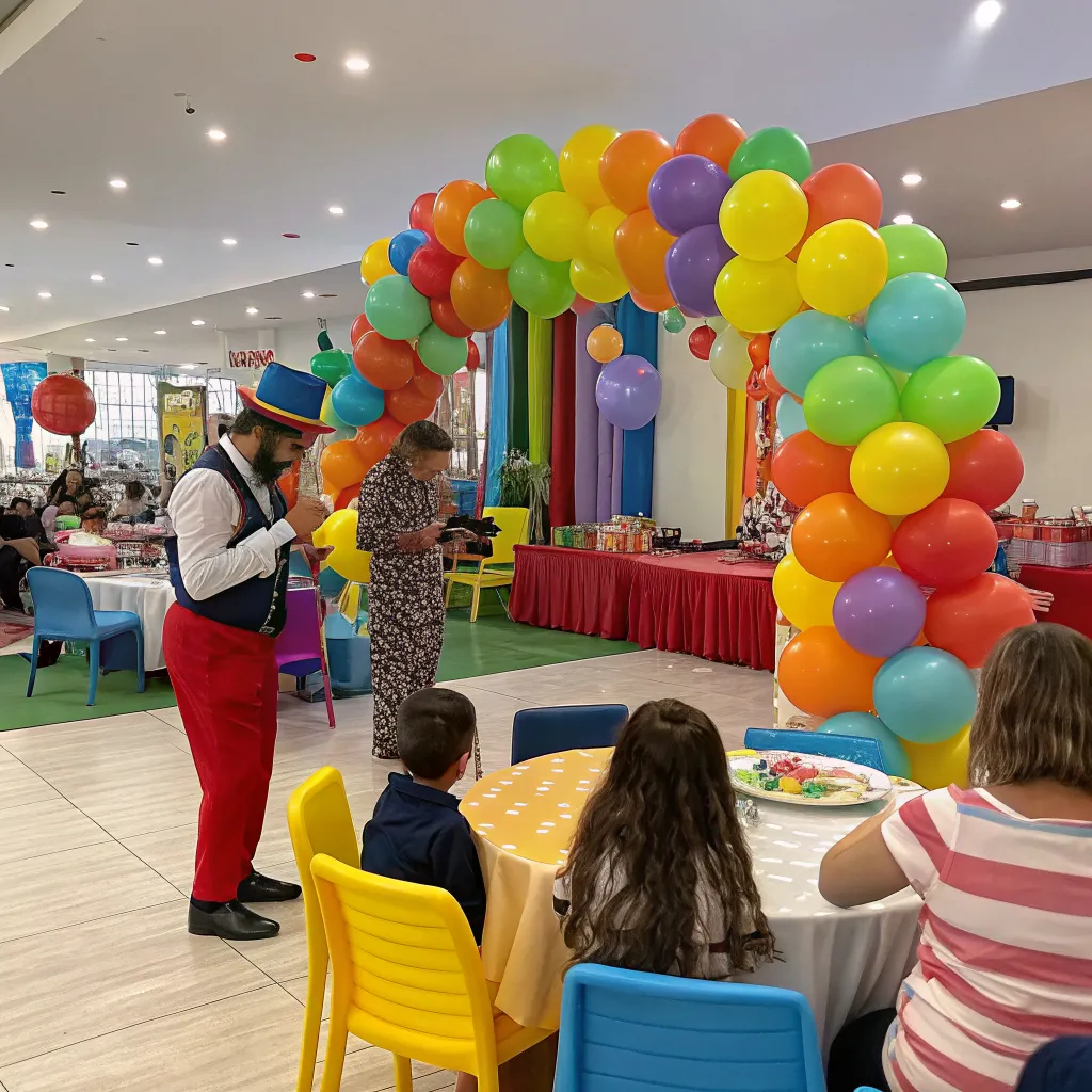 Colorful on-site birthday party setup with decorations and entertainers
